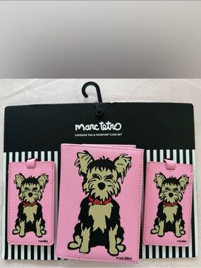 Marc Tetro Luggage Tag Passport Case Set Yorkshire Terrier Pink Faux Leather NWT